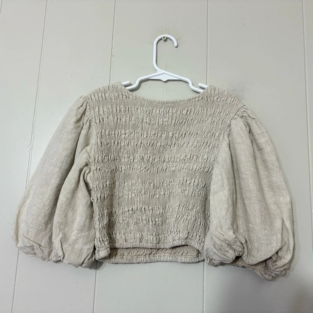 DISSH Frankie Natural Linen Shirred Crop Top Puff Sleeves Size 2 - Picture 5 of 7